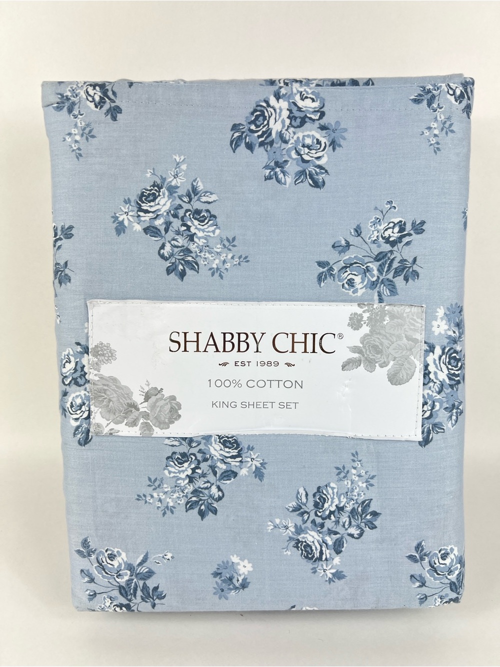 Shabby Chic King Sheet Set Blue White Floral Roses Soft 100% Cotton 4 Pc NEW